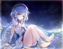 Rule 34 | 1girl, absurdres, barefoot, blue hair, closed mouth, dress, full body, griseo, griseo (starry impression), hair ornament, highres, holding, holding brush, honkai (series), honkai impact 3rd, long hair, looking at viewer, purple eyes, short shorts, shorts, shuiyinzijun, sitting, smile, solo, toes, twintails, water, white dress