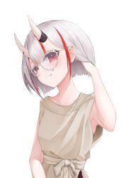 Rule 34 | 1girl, bespectacled, bob cut, brown dress, closed mouth, commentary request, dress, fang, fang out, glasses, grey hair, hair flip, hand in own hair, highres, hololive, horns, looking at viewer, multicolored hair, nakiri ayame, red eyes, red hair, rike 111, short hair, simple background, skin-covered horns, smile, solo, streaked hair, teardrop-framed glasses, upper body, virtual youtuber, white-framed eyewear, white background