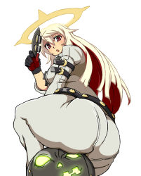 Rule 34 | 1girl, arc system works, ass, belt, blush, gloves, guilty gear, highres, huge ass, jack-o&#039; valentine, jacket, long hair, looking back, mantan, mask, multicolored hair, pantylines, red eyes, sitting, thick thighs, thighs, two-tone hair, white hair