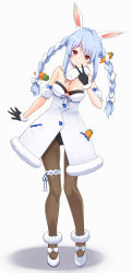 Rule 34 | 1girl, absurdres, animal ears, ankle cuffs, armband, black gloves, black leotard, black pantyhose, blue hair, braid, bridal garter, carrot, carrot hair ornament, closed mouth, commentary request, dress, food-themed hair ornament, full body, gloves, hair ornament, high heels, highres, hololive, leaning to the side, leotard, leotard peek, leotard under clothes, long hair, looking at viewer, medium hair, multicolored hair, pantyhose, rabbit ears, rabbit girl, red eyes, rin mokkomoko, short dress, simple background, smile, solo, standing, strapless, strapless dress, twin braids, twintails, two-tone hair, usada pekora, usada pekora (1st costume), v, virtual youtuber, white background, white dress, white footwear, white hair