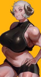 Rule 34 | 1girl, absurdres, belly, belly grab, bike shorts, black bra, bra, breasts, commentary request, curvy, eyeliner, highres, horns, huge breasts, ibuo (ibukht1015), looking at viewer, makeup, muffin top, muscular, muscular female, navel, nose, orange background, original, pink eyes, sheep horns, short hair, short shorts, shorts, sideboob, silver hair, sleeveless, solo, sports bra, taut clothes, thick eyebrows, thick thighs, thighs, underwear, very short hair