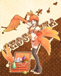 Rule 34 | 10s, 1girl, apple, bad id, bad pixiv id, black thighhighs, blue eyes, brown hair, carbuncle (final fantasy), character name, chocolina, drink, feathers, final fantasy, final fantasy xiii, final fantasy xiii-2, food, fruit, hand on own hip, hat, highres, hip focus, kururi (oekaki nikki), legs, long hair, moogle, open mouth, solo, thighhighs, treasure chest, wings