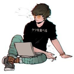 Rule 34 | 1boy, aqua pants, arm at side, arm support, black shirt, brown hair, chromatic aberration, cigarette, closed mouth, clothes writing, commentary, computer, death note, doodlebozo, earrings, english commentary, freckles, grey footwear, highres, holding, holding cigarette, jewelry, knee up, laptop, male focus, matt (death note), pants, round eyewear, shirt, shoes, short sleeves, simple background, sitting, smoke, smoking, sneakers, solo, t-shirt, translated, white background