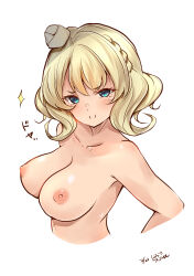 Rule 34 | 1girl, blonde hair, blue eyes, braid, breasts, collarbone, colorado (kancolle), completely nude, garrison cap, grey hat, hat, hazuki futahi, highres, kantai collection, large breasts, nipples, nude, short hair, side braids, smile, solo, upper body, white background