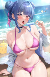 Rule 34 | 1girl, azur lane, beach, bikini, black choker, blue sky, breasts, choker, cloud, collarbone, commentary request, day, double bun, food, hair bun, hair ribbon, highres, holding, holding food, holding popsicle, large breasts, manjuu (azur lane), marco polo (azur lane), navel, navel piercing, ocean, open mouth, outdoors, piercing, pink bikini, pink ribbon, popsicle, red eyes, ribbon, sitting, sky, studiopokotan, swimsuit, thighs, tongue, tongue out, wet
