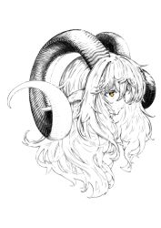 Rule 34 | 1girl, closed mouth, curled horns, expressionless, greyscale, hair between eyes, highres, horns, jaco, long hair, long horns, looking away, monochrome, original, simple background, solo, spot color, white background, yellow eyes
