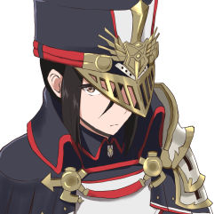 Rule 34 | 1girl, armor, artist request, collarbone, gloves, hat, highres, long hair, looking at viewer, military, military hat, military uniform, morag ladair (xenoblade), pauldrons, reverse trap, short hair, shoulder armor, simple background, uniform, white gloves, xenoblade chronicles (series), xenoblade chronicles 2