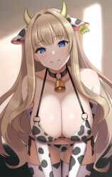 Rule 34 | 1girl, animal ears, animal print, bell, bikini, blonde hair, blue eyes, blush, breasts, cow ears, cow girl, cow horns, cow print, cow print bikini, cow tail, dolphin wave, ear tag, elbow gloves, fake horns, gloves, highres, horns, huge breasts, kirahoshi kanna, leaning forward, long hair, looking at viewer, neck bell, print bikini, print thighhighs, side-tie bikini bottom, smile, solo, surippa1010, swimsuit, tail, thighhighs