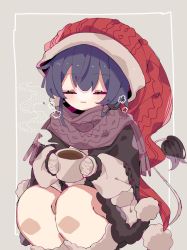 Rule 34 | 1girl, :3, closed eyes, closed mouth, cup, doremy sweet, facing viewer, fur trim, grey background, hat, highres, holding, holding cup, long sleeves, looking at viewer, nightcap, pom pom (clothes), purple hair, purple scarf, red hat, roamu 65, scarf, short hair, sitting, smile, solo, squatting, tail, tapir tail, touhou