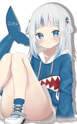 Rule 34 | 1girl, bad id, bad pixiv id, blue eyes, blue footwear, blue hair, blue hoodie, blue jacket, blunt bangs, blush, character name, closed mouth, collarbone, fins, fish tail, gawr gura, gawr gura (1st costume), grey hair, hair ornament, highres, hiruno ushiro, hololive, hololive english, hood, hood down, hoodie, jacket, knees up, long hair, long sleeves, looking at viewer, multicolored hair, shark tail, simple background, sitting, sleeves past wrists, smile, socks, solo, streaked hair, tail, thighs, virtual youtuber, white background, white footwear
