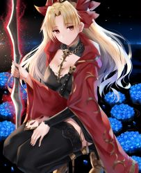 Rule 34 | 1girl, asymmetrical legwear, asymmetrical sleeves, bad id, bad twitter id, between breasts, black cape, black thighhighs, blonde hair, blue flower, blue rose, blush, boots, breasts, buckle, cape, detached collar, earrings, ereshkigal (fate), fate/grand order, fate (series), flower, fur-trimmed cape, fur trim, glowing, gold trim, hair ribbon, high heel boots, high heels, highres, infinity symbol, jewelry, kneeling, light particles, long hair, looking at viewer, multicolored cape, multicolored clothes, necklace, nicky w, night, outdoors, parted bangs, red cape, red eyes, red ribbon, ribbon, ripples, rose, single sleeve, single thighhigh, skull, solo, squatting, thighhighs, tiara, twintails, two side up, uneven legwear, uneven sleeves, yellow cape