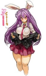Rule 34 | 1girl, animal ears, blush, breasts, rabbit ears, heart, heart-shaped pupils, highres, jacket, large breasts, long hair, long sleeves, looking at viewer, necktie, off shoulder, open clothes, open jacket, perky breasts, purple hair, red eyes, reisen udongein inaba, sachito, shirt, simple background, skirt, solo, sweat, symbol-shaped pupils, text focus, thick thighs, thighs, touhou, white background