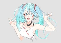 Rule 34 | 1girl, aqua eyes, aqua hair, collarbone, commentary, cropped torso, grey background, hair ornament, hands up, hatsune miku, highres, long hair, looking at viewer, ninchan, open mouth, shirt, sketch, sleeveless, sleeveless shirt, solo, spaghetti strap, twintails, upper body, vocaloid, white shirt
