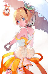 Rule 34 | 10s, 1girl, akiyoshi nozomu, bare shoulders, black neckwear, blonde hair, blue eyes, blush, choker, commentary request, dress, edna (tales), from behind, hair ribbon, hairband, highres, leg ribbon, looking at viewer, looking back, normin (tales), ribbon, short hair, side ponytail, solo, tales of (series), tales of zestiria, tress ribbon, umbrella, white dress