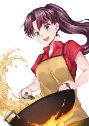 Rule 34 | 1girl, :d, apron, blue eyes, brown apron, brown hair, cooking, dutch angle, fate/stay night, fate (series), fire, floating hair, kelinch1, long hair, open mouth, red shirt, shirt, simple background, sleeveless, sleeveless shirt, smile, solo, tohsaka rin, upper body, very long hair, white background, wok