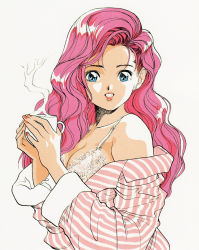 Rule 34 | 1girl, blue eyes, bra, cup, earrings, grin, highres, holding, holding cup, jewelry, lace, lace-trimmed bra, lace trim, long hair, long sleeves, looking at viewer, off shoulder, original, pajamas, pink hair, scan, simple background, smile, solo, steam, stud earrings, u-jin, underwear, upper body, wavy hair, white background, white bra
