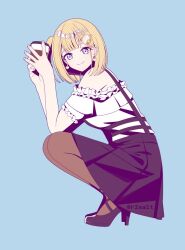 Rule 34 | 1girl, artist name, black footwear, black skirt, blonde hair, blue background, blue eyes, bob cut, commentary, cup, disposable cup, english commentary, frilled shirt, frills, from side, hair ornament, hands up, high heels, holding, holding cup, hololive, hololive english, looking at viewer, off shoulder, official alternate hairstyle, pantyhose, r2salt, shirt, short hair, simple background, skirt, smile, solo, squatting, twitter username, virtual youtuber, watson amelia, watson amelia (street casual), white shirt, yellow nails