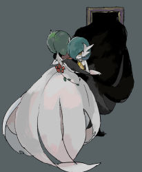 Rule 34 | 2girls, alternate color, apios, backless outfit, bad id, bad pixiv id, bare shoulders, black dress, black gloves, blue hair, bob cut, colored skin, contrast, creatures (company), dress, elbow gloves, female focus, flower, from behind, full body, game freak, gardevoir, gen 3 pokemon, gloves, green hair, grey background, hair over one eye, hug, jewelry, mega gardevoir, mega pokemon, multiple girls, necklace, nintendo, orange eyes, picture frame, pokemon, pokemon (creature), red flower, shiny and normal, shiny pokemon, short hair, simple background, standing, strapless, strapless dress, through medium, through painting, through screen, torn clothes, torn dress, white dress, white gloves, white skin