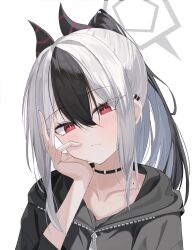 Rule 34 | 1girl, black choker, black hair, black hoodie, blue archive, blush, choker, cine9447, closed mouth, grey hair, grey halo, hair between eyes, halo, highres, hood, hoodie, kayoko (blue archive), long hair, long sleeves, multicolored hair, ponytail, portrait, red eyes, simple background, solo, white background