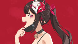 Rule 34 | 1girl, bare shoulders, brown hair, dress, fox mask, highres, honkai: star rail, honkai (series), jinmuxi (user pvha4443), long hair, looking at viewer, mask, mask on head, mask pull, mouth mask, open mouth, pink eyes, ponytail, smile, solo, sparkle (honkai: star rail), twintails, vampire (vocaloid)