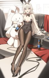 Rule 34 | 1girl, absurdres, alternate costume, an-94 (girls&#039; frontline), animal ears, black footwear, black leotard, black neckwear, black pantyhose, blue eyes, bottle, bow, bowtie, breasts, condom, condom packet strip, condom wrapper, covered navel, detached collar, fake animal ears, girls&#039; frontline, high heels, highres, holding, holding bottle, indoors, leotard, long hair, magazine (weapon), medium breasts, pantyhose, playboy bunny, rabbit ears, sitting, strapless, strapless leotard, very long hair, white hair, wrist cuffs, yp7 (vvy)