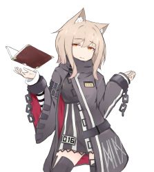 Rule 34 | 1girl, animal ear fluff, animal ears, arknights, black coat, black dress, black footwear, blonde hair, book, boots, cat ears, coat, commentary, cowboy shot, cuffs, dress, floating, floating book, floating object, hands up, haze (arknights), highres, looking at viewer, neko (solution1988), no headwear, shackles, solo, striped sleeves, thigh boots, thighhighs, unzipped, yellow eyes
