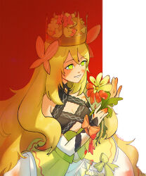Rule 34 | 1girl, artist name, blonde hair, blood, blood on clothes, blood on flower, blood on hands, breasts, butterfly hair ornament, celine (fire emblem), cleavage, crown, detached sleeves, dress, eili enie, fire emblem, fire emblem engage, flower, green eyes, hair flower, hair ornament, highres, holding, holding flower, long hair, nintendo, red background, small breasts, smile, solo, two-tone background, upper body, very long hair, white background
