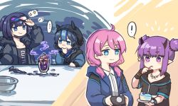 Rule 34 | !, ..., 4girls, ahoge, andreana (arknights), animal ears, arknights, bad food, black gloves, black jacket, black shirt, blue eyes, blue hair, blue jacket, blue poison (arknights), cake, cake slice, camera, chinese commentary, collarbone, commentary, ear piercing, eating, fingerless gloves, flower, food, glaucus (arknights), gloves, goggles, goggles on head, hair flower, hair ornament, hand in pocket, hand up, highres, holding, holding camera, hood, hood up, ice cream, infection monitor (arknights), jacket, jewelry, lava (arknights), mabing, mask, mask pull, medium hair, mouth mask, multicolored hair, multiple girls, necklace, open clothes, open jacket, pastry bag, piercing, pink hair, plate, pointy ears, ponytail, purple eyes, purple hair, shirt, short hair, short twintails, single glove, smile, spoken ellipsis, spoken exclamation mark, sundae, thinking, tooth necklace, twintails, upper body, utensil in mouth, v-shaped eyebrows, white shirt