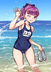 Rule 34 | 1girl, arm up, armpits, black bow, blue one-piece swimsuit, blue sky, blunt bangs, blurry, blush, bow, breasts, character name, clothes writing, collarbone, commentary request, covered navel, cowboy shot, day, depth of field, fate/grand order, fate (series), gradient sky, grin, hair bow, hand up, helena blavatsky (fate), helena blavatsky (swimsuit archer) (fate), helena blavatsky (swimsuit archer) (first ascension) (fate), high ponytail, hip focus, holding, holding shoes, leaning to the side, looking at viewer, medium hair, name tag, ocean, old school swimsuit, one-piece swimsuit, one eye closed, outdoors, ponytail, purple eyes, purple hair, school swimsuit, shoes, unworn shoes, sky, small breasts, smile, solo, squirting liquid, standing, swimsuit, tanaka gorbachev, thighs, uwabaki, wading, water, wet, white footwear