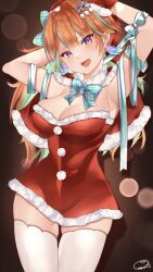 Rule 34 | 1girl, absurdres, alternate costume, armpits, arms behind head, bare shoulders, bow, bowtie, breasts, capelet, christmas, cleavage, cowboy shot, dress, fur trim, green hair, hat, head tilt, highres, hololive, hololive english, large breasts, looking at viewer, maka aratame, multicolored hair, open mouth, orange hair, purple eyes, red dress, santa costume, santa hat, simple background, smile, solo, strapless, strapless dress, takanashi kiara, thigh gap, thighhighs, two-tone hair, virtual youtuber, white thighhighs, wide hips, zettai ryouiki