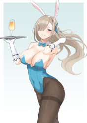 Rule 34 | 1girl, animal ears, asuna (blue archive), asuna (bunny) (blue archive), bare shoulders, black pantyhose, blonde hair, blue archive, blue eyes, blue leotard, blush, border, bow, bowtie, breasts, cleavage, cocktail glass, covered navel, cup, detached collar, drinking glass, elbow gloves, fake animal ears, floating hair, gloves, hair over one eye, highres, holding, holding tray, large breasts, leotard, long hair, looking at viewer, pantyhose, parted lips, playboy bunny, rabbit ears, solo, terry (pixiv3274443), traditional bowtie, tray, white border, white gloves