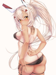 Rule 34 | 1girl, arched back, arms behind back, ass, ayanami (azur lane), azur lane, bandaid, bandaid on arm, bare shoulders, bikini, bikini pull, black bikini, blush, breasts, butt crack, clothes pull, covered erect nipples, cowboy shot, crossed bangs, eyelashes, from behind, hair between eyes, hair intakes, hair ornament, hairclip, headgear, high ponytail, highres, legs together, light brown hair, long hair, looking at viewer, looking back, medium breasts, parted lips, pulled by self, shoulder blades, side-tie bikini bottom, sideboob, simple background, skindentation, solo, standing, strap gap, string bikini, sutetete, sweat, swimsuit, tan, tanline, thighs, underboob, very long hair, white background, yellow eyes