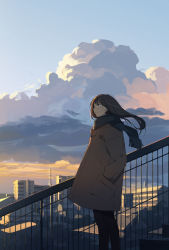 Rule 34 | 1girl, bad id, bad pixiv id, brown eyes, brown hair, building, city, cloud, coat, hands in pockets, hanno, highres, light smile, long hair, original, power lines, profile, railing, scarf, sky, solo, sunset, wind