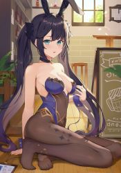 Rule 34 | 1girl, absurdres, adapted costume, animal ears, aqua eyes, arm behind back, armpit crease, bare arms, bare shoulders, black choker, black hair, blush, bow, breasts, brown pantyhose, choker, collarbone, covered navel, day, fake animal ears, feet, frown, genshin impact, gold trim, hair bow, hand up, highleg, highleg leotard, highres, hokori sakuni, indoors, jewelry, leotard, long hair, looking at viewer, medium breasts, mona (genshin impact), neck, necklace, no shoes, on floor, open mouth, pantyhose, playboy bunny, purple leotard, rabbit ears, sidelocks, sitting, solo, star (symbol), star choker, star necklace, strapless, strapless leotard, twintails, very long hair, window, wrist cuffs