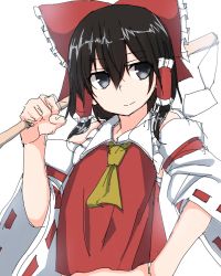 Rule 34 | 1girl, ascot, black eyes, black hair, bow, closed mouth, commentary request, detached sleeves, gohei, golgi hon, hair between eyes, hair bow, hair tubes, hakurei reimu, hand up, highres, holding, looking to the side, red bow, ribbon-trimmed sleeves, ribbon trim, short hair, sidelocks, simple background, sleeves rolled up, smile, solo, touhou, upper body, white background, wide sleeves