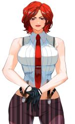 Rule 34 | 1girl, absurdres, breasts, gloves, highres, large breasts, lipstick, makeup, mature female, pants, red hair, red tie, shirt, short hair, smile, solo, stomach, suspenders, the king of fighters, tomboy, vanessa (kof), white shirt
