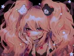 Rule 34 | 1girl, artist name, barry nah, bear hair ornament, black background, black bra, blonde hair, blood, blood on face, blue eyes, bra, breasts, cleavage, commentary, crazy eyes, danganronpa (series), enoshima junko, evil smile, fingernails, grin, hair between eyes, hair ornament, hand on own cheek, hand on own face, hands on own face, highres, long hair, looking at viewer, nail polish, pink blood, polka dot, polka dot bra, red nails, smile, solo, star (symbol), twintails, underwear, upper body