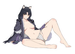 Rule 34 | &gt;:), 1girl, animal ears, arknights, arm support, bare legs, barefoot, black hair, blush, bracelet, breasts, breasts apart, brown eyes, closed mouth, dog ears, dog girl, dog tail, elbow gloves, fingerless gloves, fundoshi, gloves, hand on own thigh, highres, japanese clothes, jason kim, jewelry, leaning back, long hair, long sleeves, looking at viewer, medium breasts, navel, parted bangs, purple gloves, saga (arknights), simple background, sitting, smile, solo, spread legs, stomach, tail, tasuki, v-shaped eyebrows, very long hair, white background