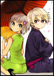 Rule 34 | 10s, 1boy, 1girl, bad id, bad pixiv id, blonde hair, chinese clothes, earrings, flower, green eyes, hair flower, hair ornament, hairclip, high heels, huang baoling, ivan karelin, japanese clothes, jewelry, mago, multiple girls, oil-paper umbrella, parasol, purple eyes, shoes, short hair, tiger &amp; bunny, umbrella