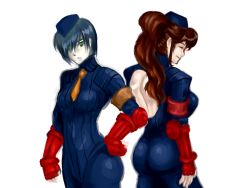 Rule 34 | 2girls, ass, back cutout, breasts, brown hair, capcom, clothing cutout, cosplay, coyote ragtime show, elbow pads, closed eyes, fingerless gloves, garrison cap, gloves, green eyes, hand on own hip, hat, high ponytail, juli (street fighter), july (coyote ragtime show), june (coyote ragtime show), juni (street fighter), leotard, long hair, multiple girls, name connection, nami2, necktie, pale skin, short hair, silver hair, street fighter, street fighter zero (series)