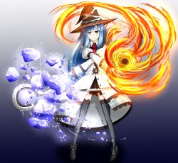 Rule 34 | 10s, 1girl, blue eyes, blue hair, blush, fire, fire, hair ornament, hat, highres, ice, long hair, looking at viewer, luminous neko, mages., magic, matching hair/eyes, mole, mole under eye, neptune (series), open mouth, smile, solo, staff, witch hat