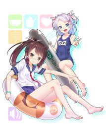 Rule 34 | 2girls, :d, absurdres, bangle, bare legs, barefoot, blue eyes, blue hair, blue one-piece swimsuit, blush, bracelet, brown hair, collarbone, competition school swimsuit, cosplay, covered navel, english text, feet, full body, gotou hisashi, hair ornament, hairclip, halftone, halftone background, highres, i-168 (kancolle), i-19 (kancolle), inflatable torpedo, inflatable toy, jewelry, kantai collection, multiple girls, name tag, neckerchief, one-piece swimsuit, open mouth, outstretched arm, ponytail, red neckerchief, school swimsuit, school uniform, serafuku, shirt, short hair, short sleeves, sidelocks, sitting, smile, swept bangs, swimsuit, swimsuit under clothes, tareme, toes, transparent, two side up, v, white shirt, x hair ornament, yellow eyes