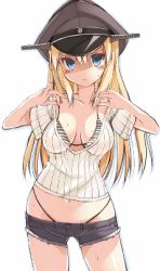 Rule 34 | 10s, 1girl, alternate costume, animated, animated gif, bikini, bikini under clothes, bismarck (kancolle), blonde hair, blue eyes, blush, bouncing breasts, breasts, cleavage, hat, highleg, highleg bikini, highleg swimsuit, kantai collection, large breasts, long hair, looking at viewer, lowres, military hat, navel, ohta yuichi, open mouth, peaked cap, ribbed shirt, shirt, short shorts, shorts, simple background, solo, striped bikini, striped clothes, sweat, swimsuit, swimsuit under clothes, undressing, white background