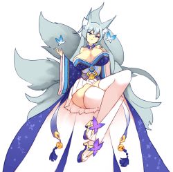 Rule 34 | 1girl, animal ear fluff, animal ears, azur lane, bare shoulders, bell, breasts, bug, butterfly, commentary, fox ears, fox girl, fox tail, full body, grey hair, hand on own chest, huge breasts, insect, japanese clothes, jingle bell, kimono, long hair, looking at viewer, multiple tails, off shoulder, parted lips, pleated skirt, rtil, shinano (azur lane), simple background, skirt, skirt under kimono, solo, tail, thighhighs, very long hair, white background, white skirt, white thighhighs, wide sleeves
