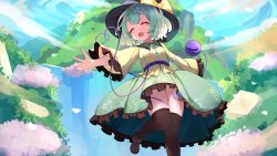 Rule 34 | 1girl, ^ ^, black footwear, black hat, black thighhighs, blush, bow, cho kagaku no rei kyoju, closed eyes, day, floral print, frilled sleeves, frills, from below, green hair, green skirt, happy, hat, hat bow, heart, highres, komeiji koishi, long sleeves, open mouth, outdoors, outstretched arms, panties, petals, shirt, short hair, skirt, sky, smile, solo, thighhighs, third eye, touhou, underwear, wide sleeves, yellow shirt