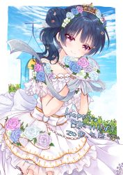 Rule 34 | 1girl, alternate hairstyle, artist name, back bow, bell tower, blue flower, blue hair, blue rose, bouquet, bow, bracelet, dated, day, dress, flower, gloves, hair bun, hair flower, hair ornament, happy, holding, holding bouquet, jewelry, looking at viewer, love live!, love live! school idol festival, love live! sunshine!!, mikimo nezumi, necklace, outdoors, pink flower, pink rose, purple eyes, purple flower, purple rose, ribbon, rose, short sleeves, side bun, side ponytail, single side bun, smile, solo, tiara, tsushima yoshiko, wedding dress, white dress, white flower, white gloves, white rose