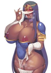 Rule 34 | 1girl, breasts, bridal gauntlets, choker, circlet, cleft of venus, clothes lift, covered navel, dark-skinned female, dark skin, fate/grand order, fate (series), female focus, green eyes, half-closed eyes, heavy breathing, huge breasts, ky., long hair, mouth veil, nipple slip, nipples, oral invitation, pauldrons, pelvic curtain, pelvic curtain lift, purple hair, pussy, saliva, scheherazade (fate), shoulder armor, skindentation, solo, steaming body, sweat, thick thighs, thighs, tongue, tongue out, undersized breast cup, veil, veil lift, very long hair, white background