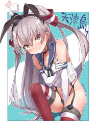Rule 34 | 1girl, amatsukaze (kancolle), bare shoulders, black hairband, black neckerchief, black panties, blue sailor collar, blush, character name, closed mouth, collarbone, cosplay, elbow gloves, fang, garter straps, gloves, hair between eyes, hair tubes, hairband, heart, highleg, highleg panties, kantai collection, konnyaku (kk-monmon), long hair, neckerchief, panties, red neckerchief, sailor collar, school uniform, serafuku, shimakaze (kancolle), shimakaze (kancolle) (cosplay), silver hair, skin fang, sleeveless, smoke, solo, striped clothes, striped thighhighs, thighhighs, twitter username, two side up, underwear, white gloves, yellow eyes