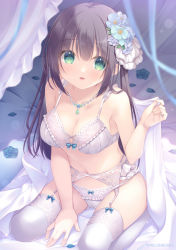 Rule 34 | 1girl, bare arms, bare shoulders, bed sheet, black hair, blue flower, blue rose, bow, bow bra, bow panties, bra, breasts, cleavage, collarbone, commentary request, curtains, flower, garter belt, green eyes, hair between eyes, hair flower, hair ornament, hand up, long hair, looking at viewer, medium breasts, navel, original, panties, parted lips, petals, rose, sitting, smile, solo, thighhighs, underwear, underwear only, wariza, white bra, white flower, white panties, white thighhighs, yukie (peach candy)