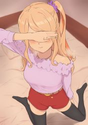 Rule 34 | 1girl, belt, black thighhighs, blonde hair, blurry, blurry background, blush, breasts, breath, closed mouth, copyright request, covered eyes, covering own eyes, depth of field, facing viewer, hair ornament, hair scrunchie, highres, jewelry, kneeling, long hair, long sleeves, medium breasts, multicolored hair, necklace, off-shoulder shirt, off shoulder, one side up, osame, purple shirt, red shorts, scrunchie, shirt, short shorts, shorts, solo, streaked hair, thighhighs